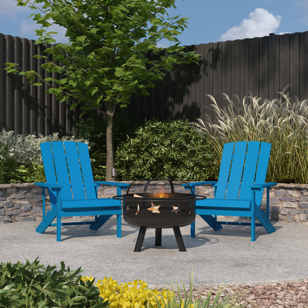 Ayala 3 Piece Outdoor Leisure Set with Set of 2 Blue Poly Resin Adirondack Chairs and Star and Moon Iron Fire Pit
