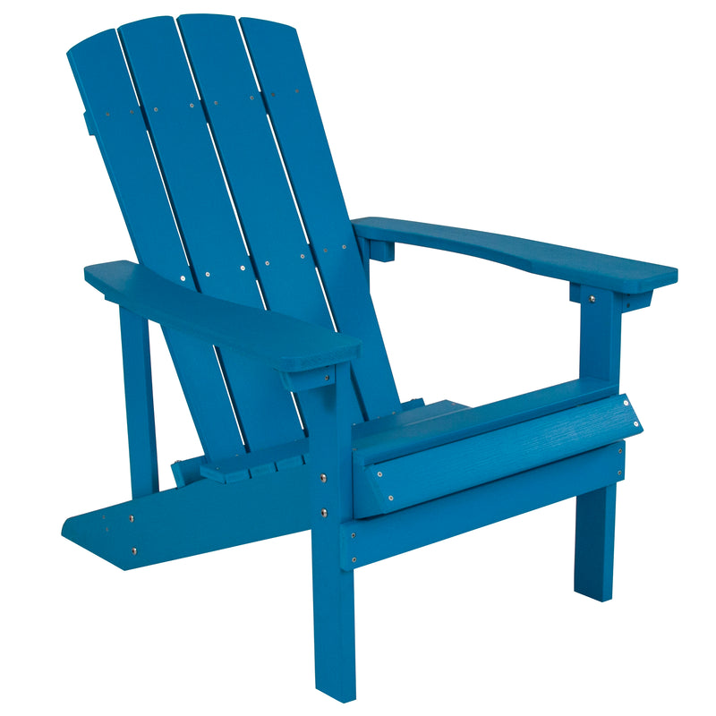 Ayala 3 Piece Outdoor Leisure Set with Set of 2 Blue Poly Resin Adirondack Chairs and Star and Moon Iron Fire Pit
