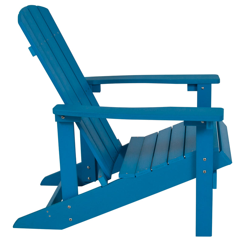 Ayala 3 Piece Outdoor Leisure Set with Set of 2 Blue Poly Resin Adirondack Chairs and Star and Moon Iron Fire Pit