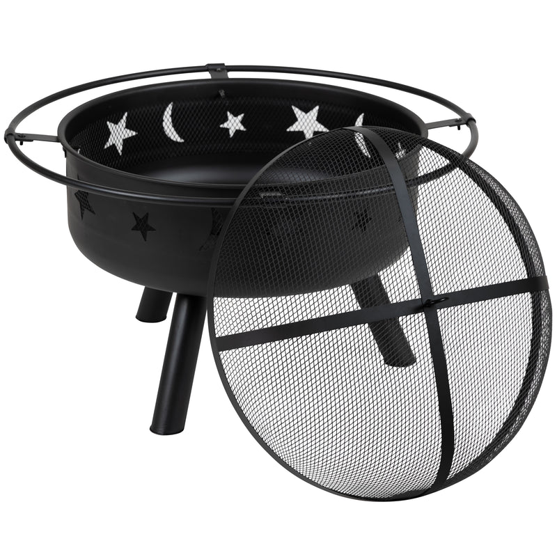 Ayala 3 Piece Outdoor Leisure Set with Set of 2 Blue Poly Resin Adirondack Chairs and Star and Moon Iron Fire Pit