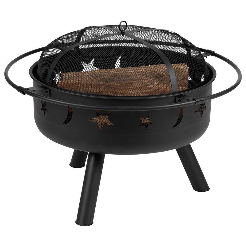 Ayala 3 Piece Outdoor Leisure Set with Set of 2 Blue Poly Resin Adirondack Chairs and Star and Moon Iron Fire Pit
