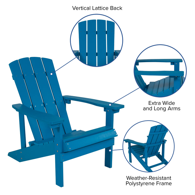 Ayala 3 Piece Outdoor Leisure Set with Set of 2 Blue Poly Resin Adirondack Chairs and Star and Moon Iron Fire Pit