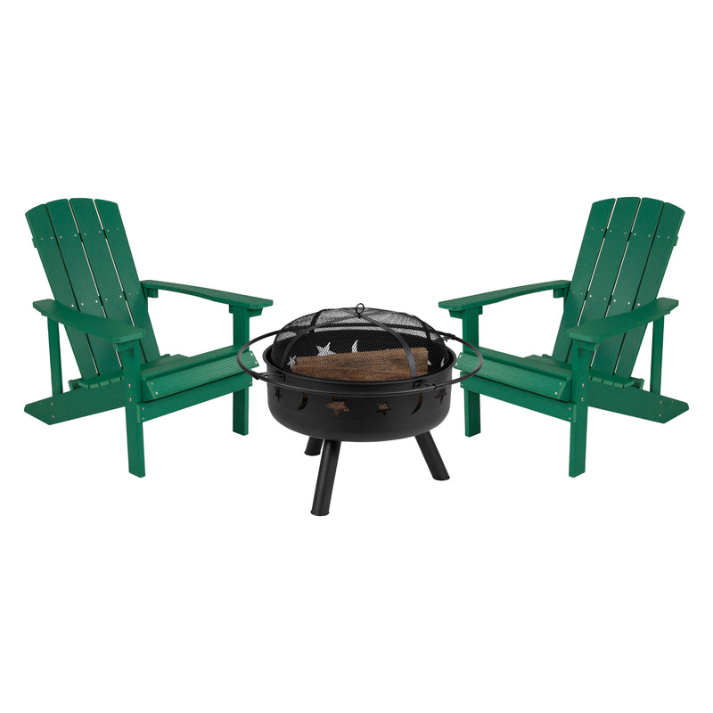 Ayala 3 Piece Outdoor Leisure Set with Set of 2 Green Poly Resin Adirondack Chairs and Star and Moon Iron Fire Pit