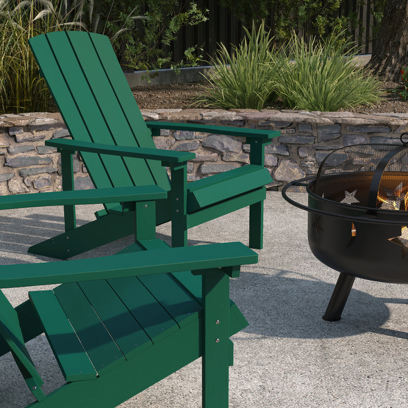 Ayala 3 Piece Outdoor Leisure Set with Set of 2 Green Poly Resin Adirondack Chairs and Star and Moon Iron Fire Pit