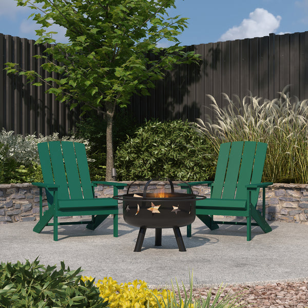 Ayala 3 Piece Outdoor Leisure Set with Set of 2 Green Poly Resin Adirondack Chairs and Star and Moon Iron Fire Pit