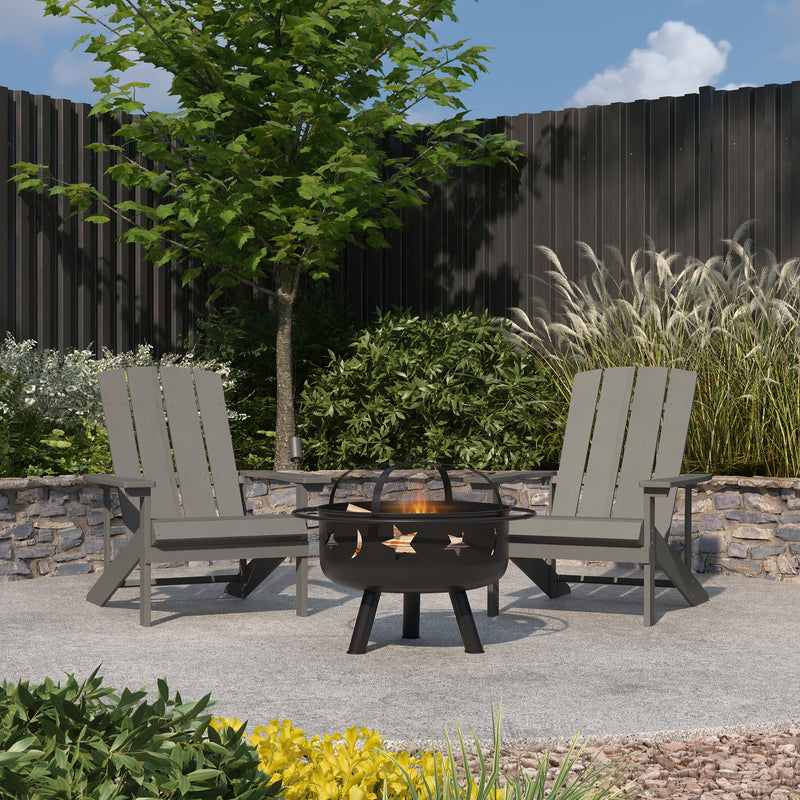 Ayala 3 Piece Outdoor Leisure Set with Set of 2 Light Gray Poly Resin Adirondack Chairs and Star and Moon Iron Fire Pit