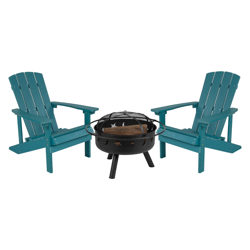Ayala 3 Piece Outdoor Leisure Set with Set of 2 Sea Foam Poly Resin Adirondack Chairs and Star and Moon Iron Fire Pit