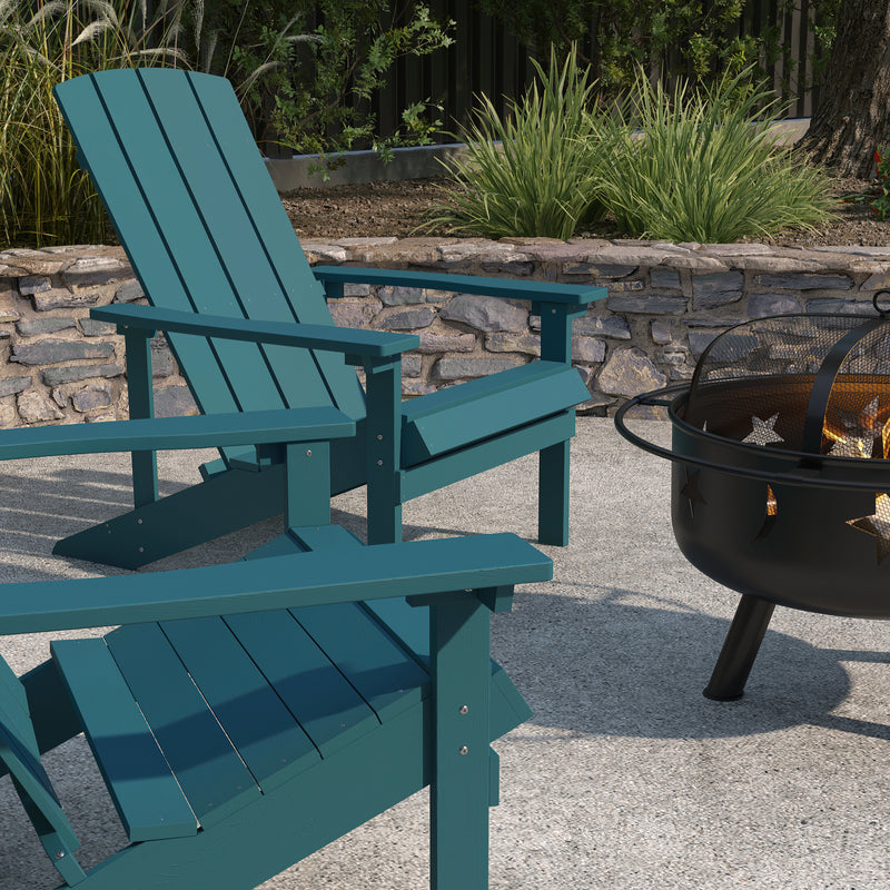 Ayala 3 Piece Outdoor Leisure Set with Set of 2 Sea Foam Poly Resin Adirondack Chairs and Star and Moon Iron Fire Pit