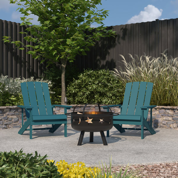 Ayala 3 Piece Outdoor Leisure Set with Set of 2 Sea Foam Poly Resin Adirondack Chairs and Star and Moon Iron Fire Pit