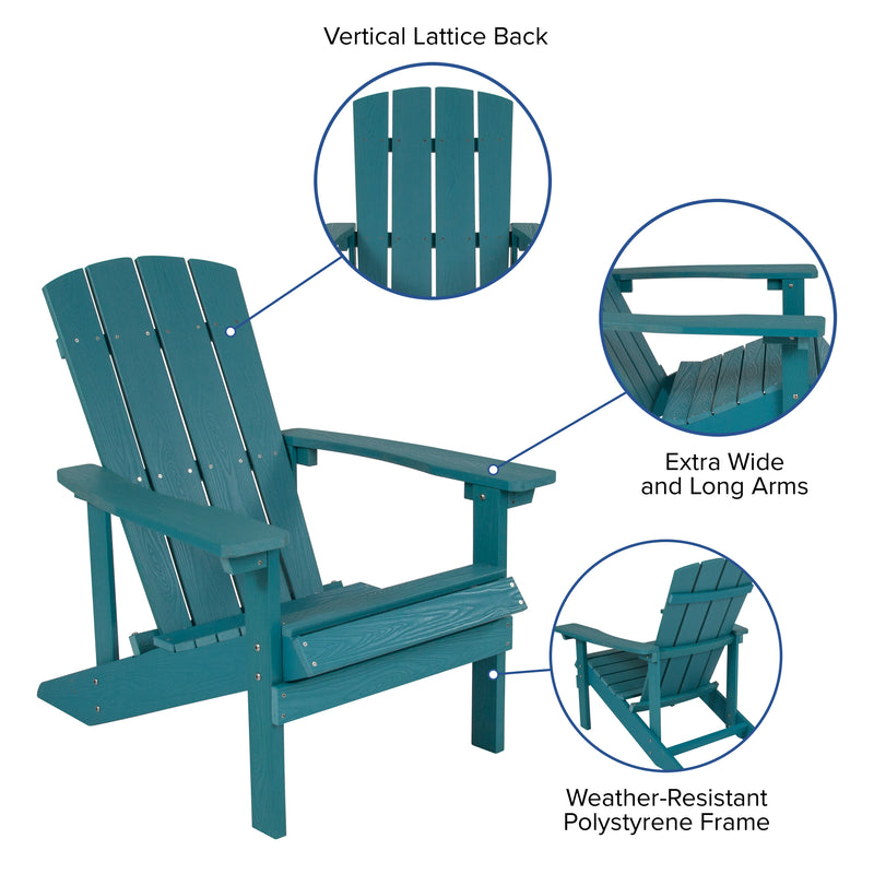 Ayala 3 Piece Outdoor Leisure Set with Set of 2 Sea Foam Poly Resin Adirondack Chairs and Star and Moon Iron Fire Pit