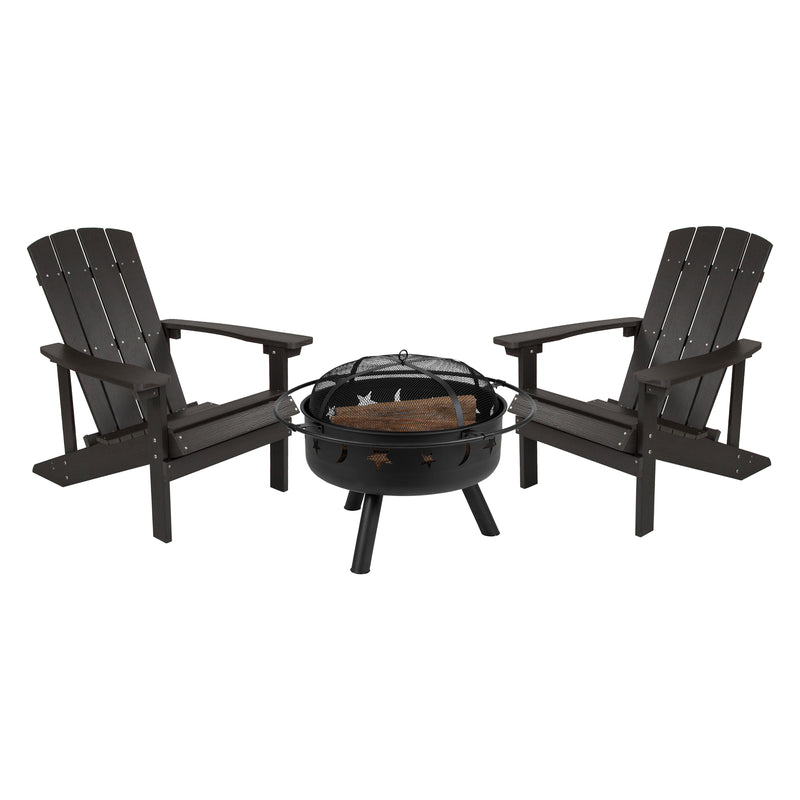 Ayala 3 Piece Outdoor Leisure Set with Set of 2 Slate Gray Poly Resin Adirondack Chairs and Star and Moon Iron Fire Pit