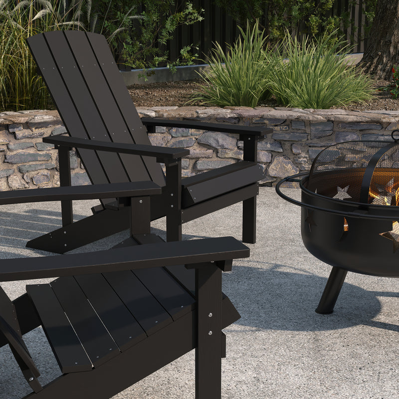 Ayala 3 Piece Outdoor Leisure Set with Set of 2 Slate Gray Poly Resin Adirondack Chairs and Star and Moon Iron Fire Pit