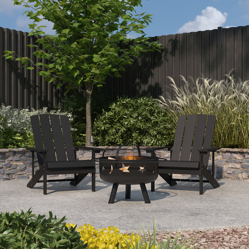 Ayala 3 Piece Outdoor Leisure Set with Set of 2 Slate Gray Poly Resin Adirondack Chairs and Star and Moon Iron Fire Pit