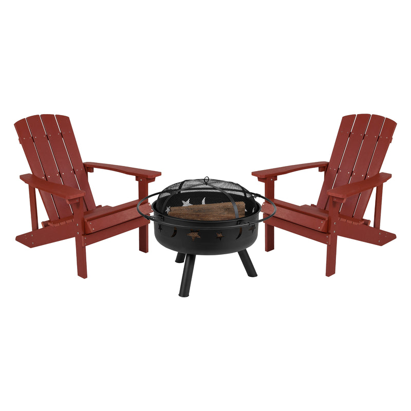 Ayala 3 Piece Outdoor Leisure Set with Set of 2 Red Poly Resin Adirondack Chairs and Star and Moon Iron Fire Pit