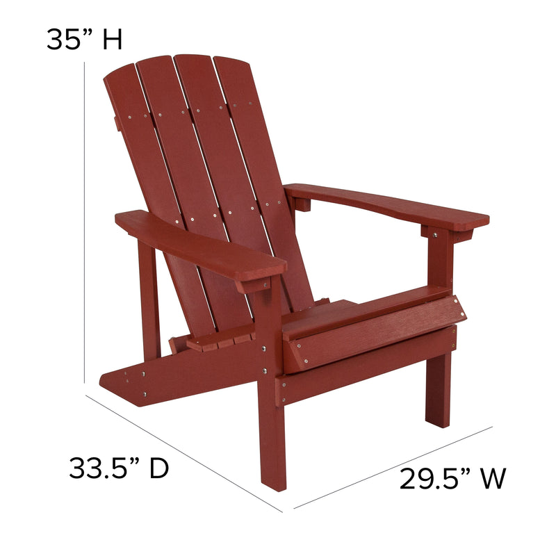 Ayala 3 Piece Outdoor Leisure Set with Set of 2 Red Poly Resin Adirondack Chairs and Star and Moon Iron Fire Pit