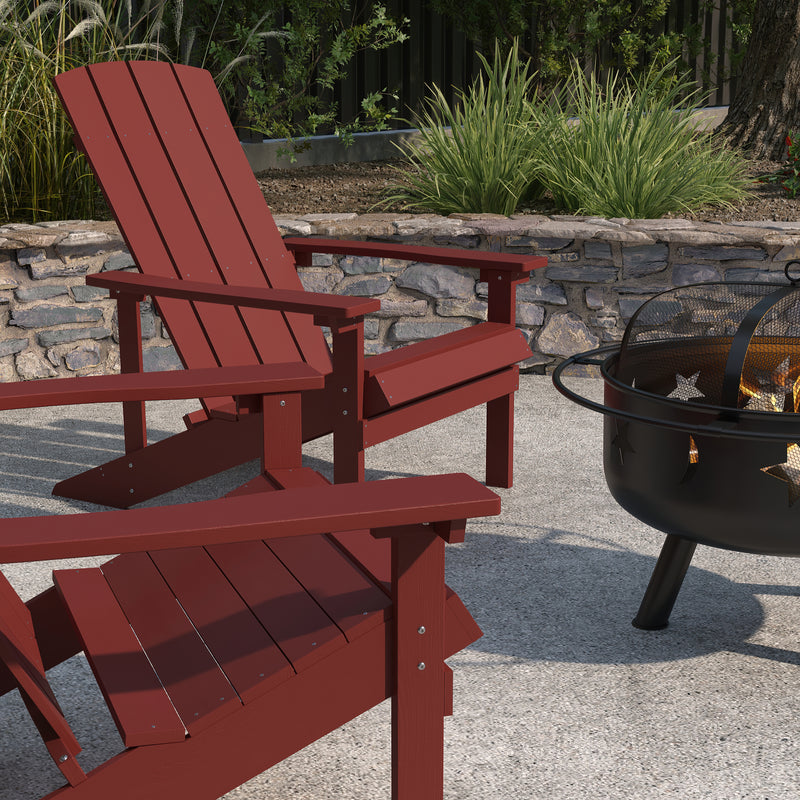 Ayala 3 Piece Outdoor Leisure Set with Set of 2 Red Poly Resin Adirondack Chairs and Star and Moon Iron Fire Pit