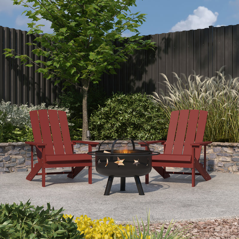 Ayala 3 Piece Outdoor Leisure Set with Set of 2 Red Poly Resin Adirondack Chairs and Star and Moon Iron Fire Pit