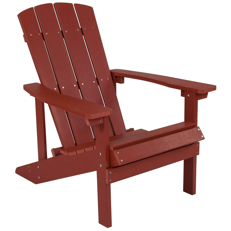 Ayala 3 Piece Outdoor Leisure Set with Set of 2 Red Poly Resin Adirondack Chairs and Star and Moon Iron Fire Pit