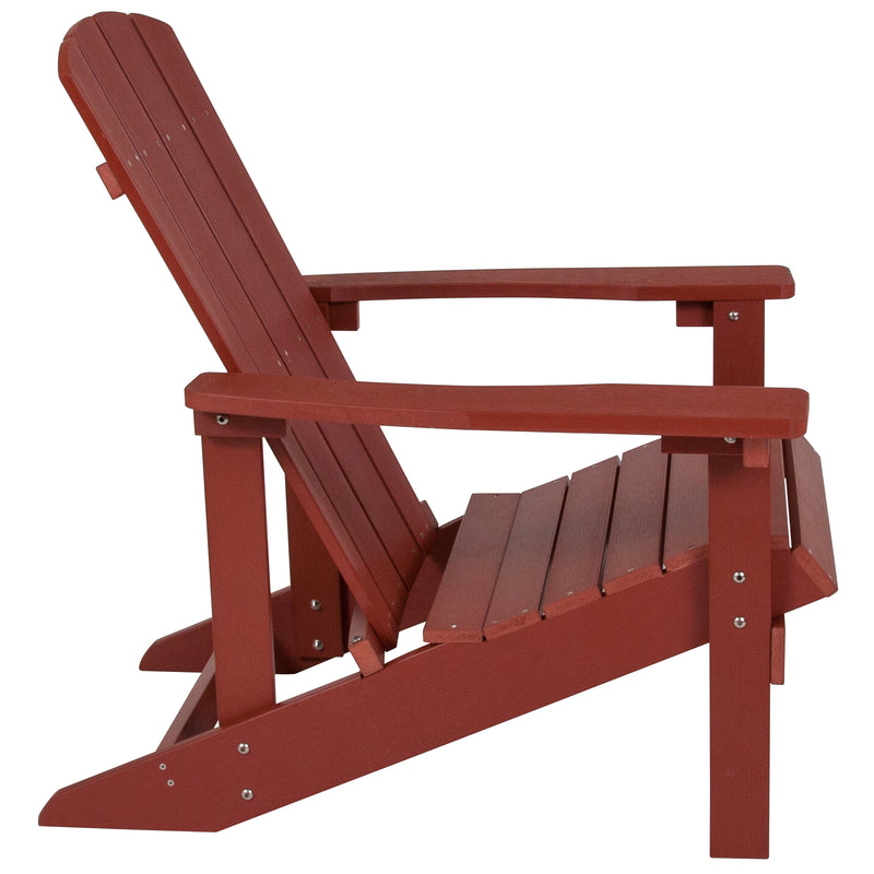 Ayala 3 Piece Outdoor Leisure Set with Set of 2 Red Poly Resin Adirondack Chairs and Star and Moon Iron Fire Pit
