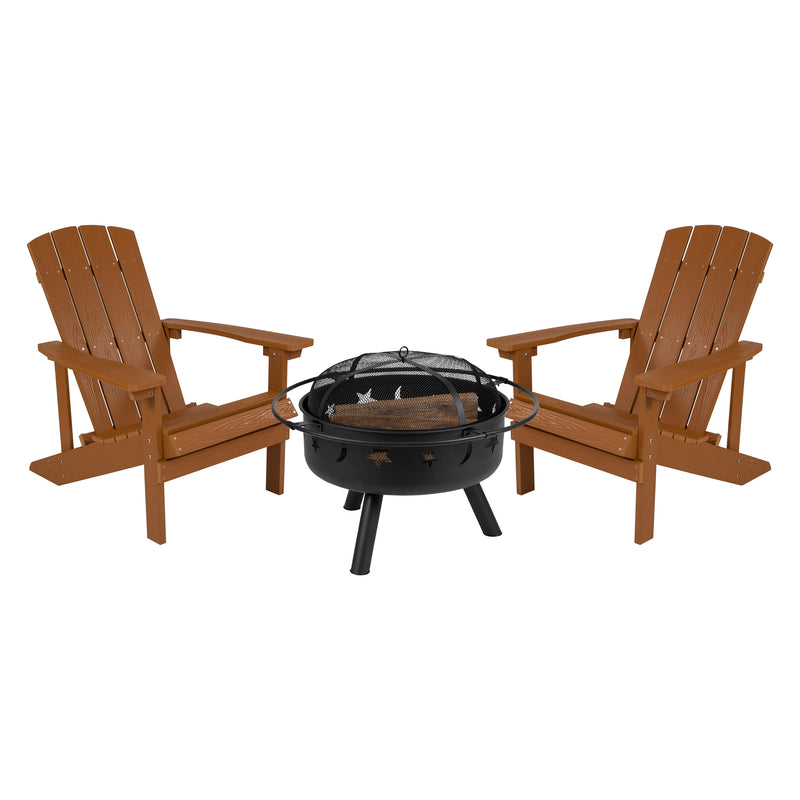 Ayala 3 Piece Outdoor Leisure Set with Set of 2 Teak Poly Resin Adirondack Chairs and Star and Moon Iron Fire Pit