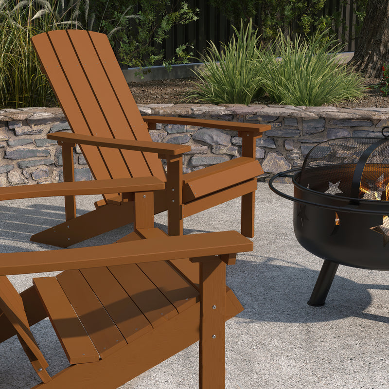 Ayala 3 Piece Outdoor Leisure Set with Set of 2 Teak Poly Resin Adirondack Chairs and Star and Moon Iron Fire Pit