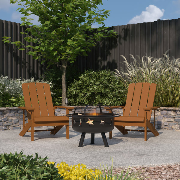 Ayala 3 Piece Outdoor Leisure Set with Set of 2 Teak Poly Resin Adirondack Chairs and Star and Moon Iron Fire Pit