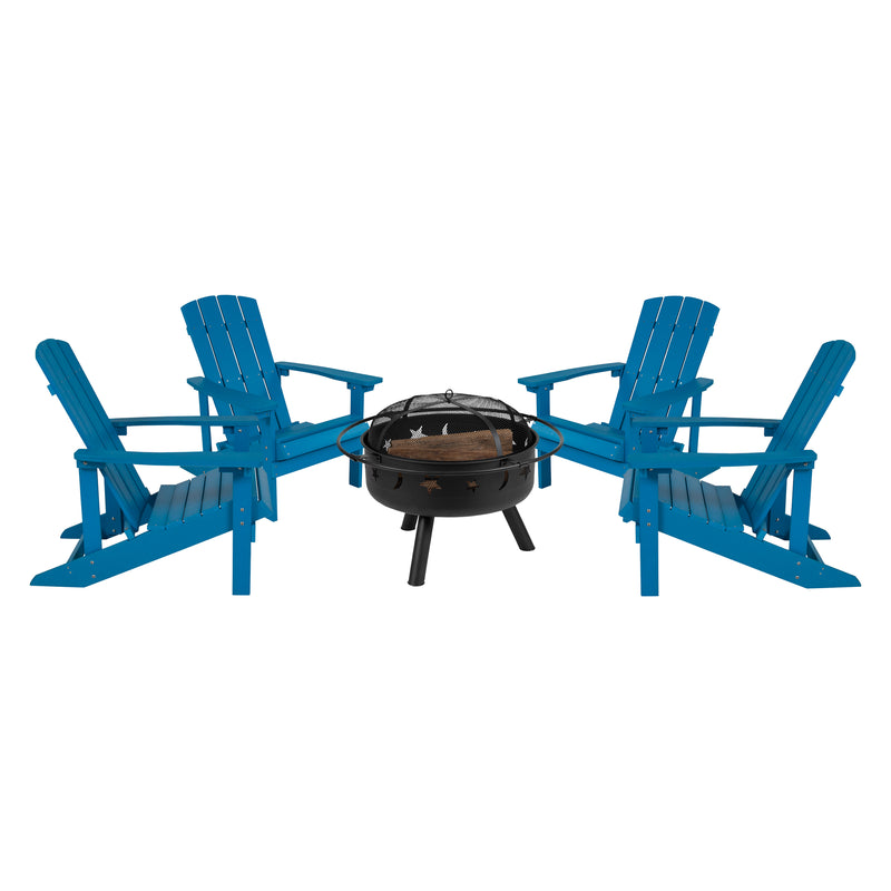 Ayala 5 Piece Outdoor Leisure Set with Set of 4 Blue Poly Resin Adirondack Chairs and Star and Moon Iron Fire Pit