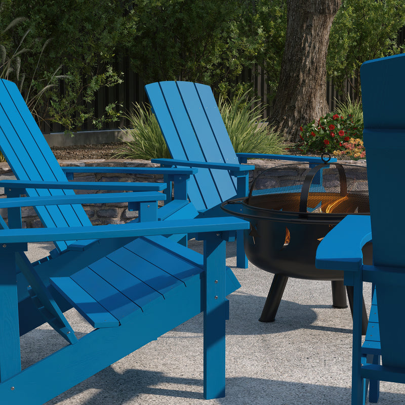 Ayala 5 Piece Outdoor Leisure Set with Set of 4 Blue Poly Resin Adirondack Chairs and Star and Moon Iron Fire Pit