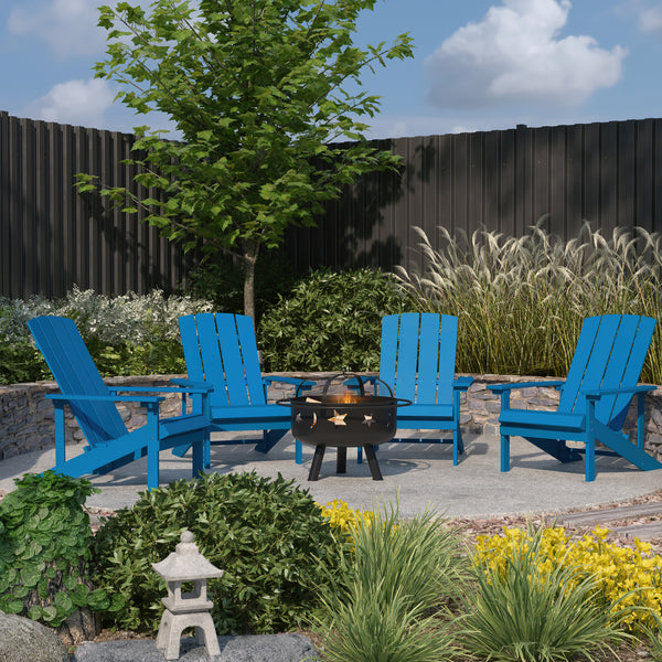 Ayala 5 Piece Outdoor Leisure Set with Set of 4 Blue Poly Resin Adirondack Chairs and Star and Moon Iron Fire Pit