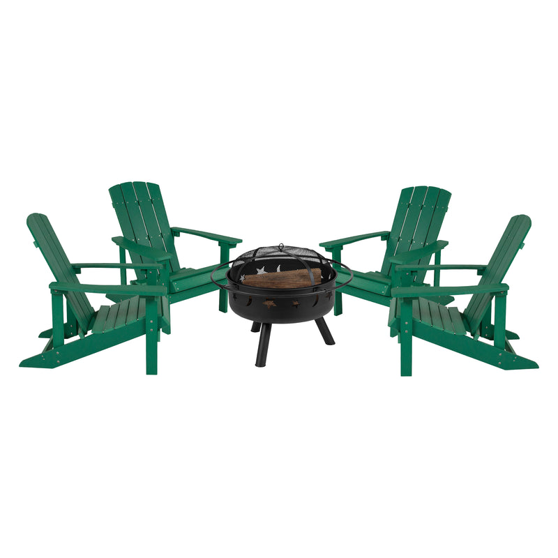 Ayala 5 Piece Outdoor Leisure Set with Set of 4 Green Poly Resin Adirondack Chairs and Star and Moon Iron Fire Pit