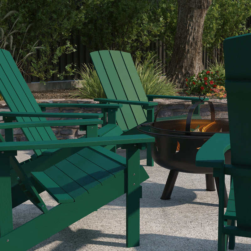 Ayala 5 Piece Outdoor Leisure Set with Set of 4 Green Poly Resin Adirondack Chairs and Star and Moon Iron Fire Pit