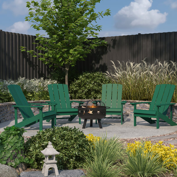 Ayala 5 Piece Outdoor Leisure Set with Set of 4 Green Poly Resin Adirondack Chairs and Star and Moon Iron Fire Pit