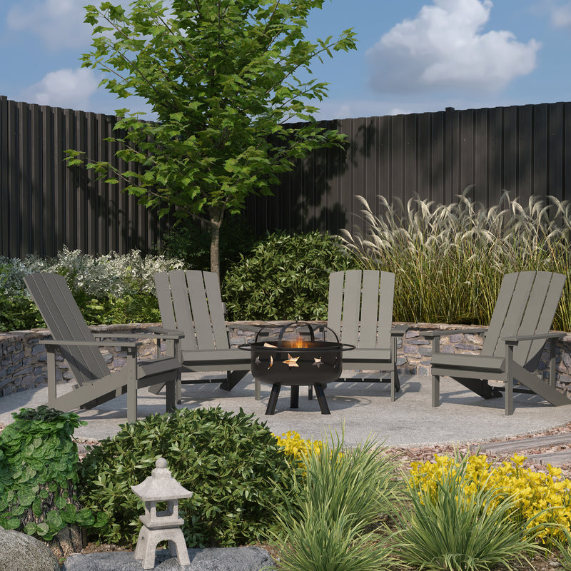 Ayala 5 Piece Outdoor Leisure Set with Set of 4 Light Gray Poly Resin Adirondack Chairs and Star and Moon Iron Fire Pit