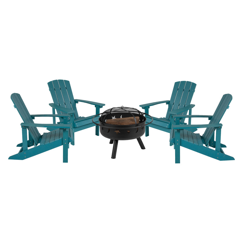 Ayala 5 Piece Outdoor Leisure Set with Set of 4 Sea Foam Poly Resin Adirondack Chairs and Star and Moon Iron Fire Pit