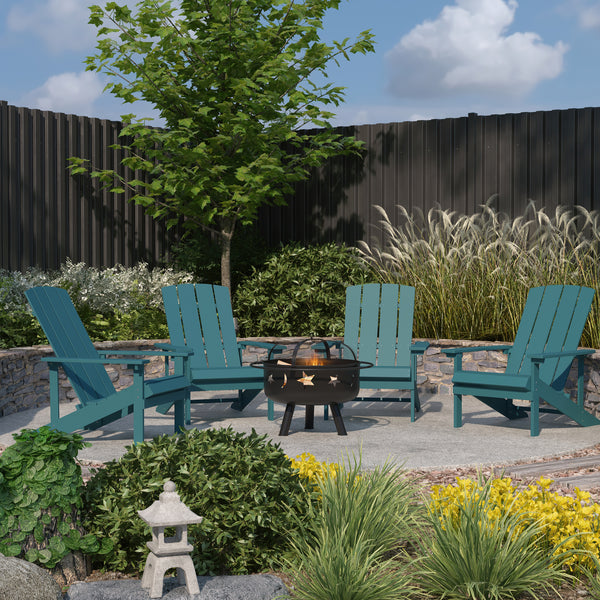 Ayala 5 Piece Outdoor Leisure Set with Set of 4 Sea Foam Poly Resin Adirondack Chairs and Star and Moon Iron Fire Pit