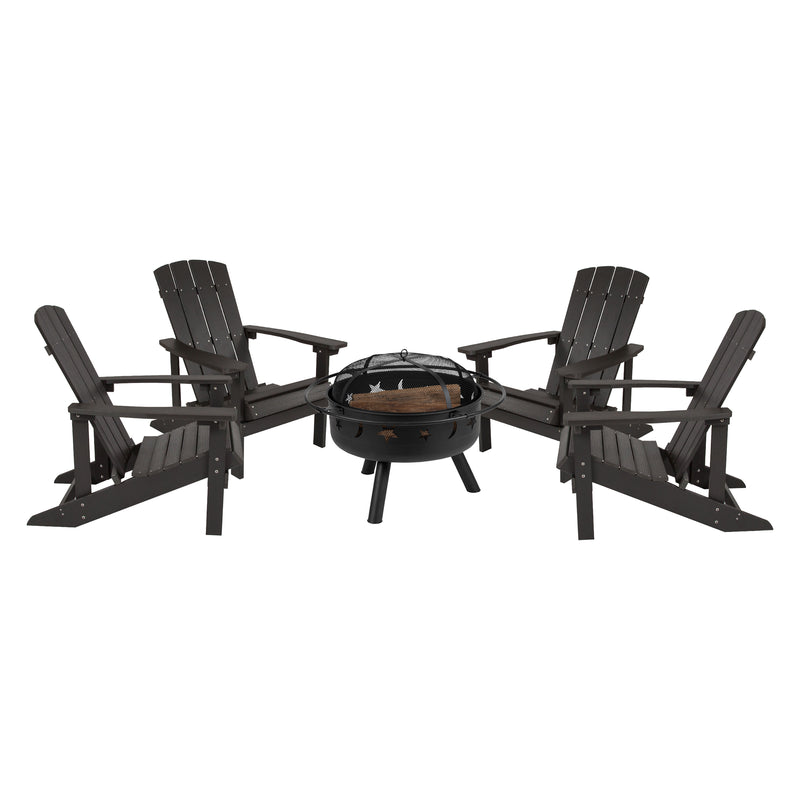 Ayala 5 Piece Outdoor Leisure Set with Set of 4 Slate Gray Poly Resin Adirondack Chairs and Star and Moon Iron Fire Pit