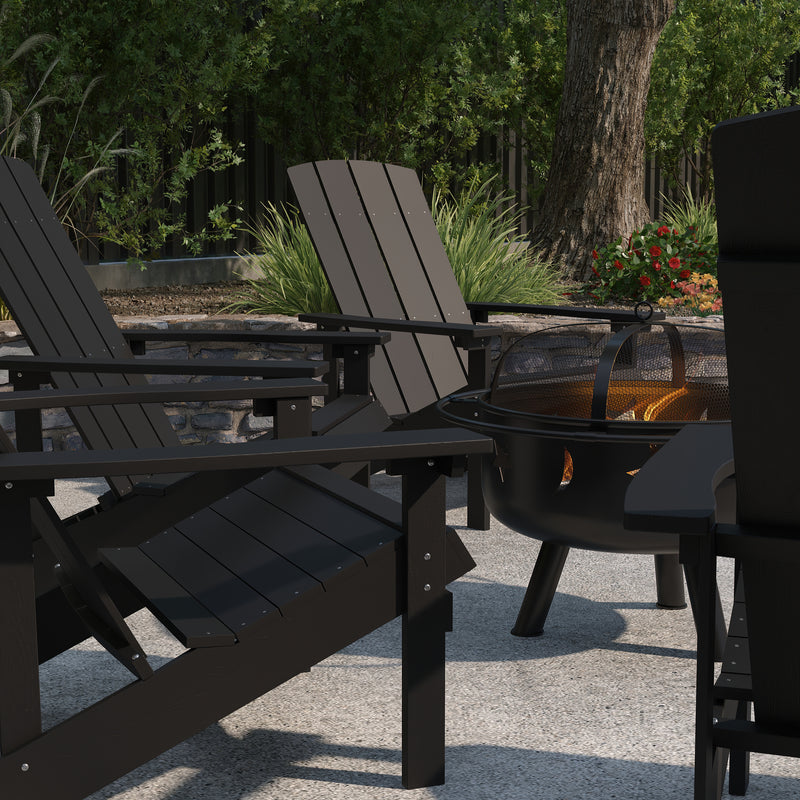 Ayala 5 Piece Outdoor Leisure Set with Set of 4 Slate Gray Poly Resin Adirondack Chairs and Star and Moon Iron Fire Pit