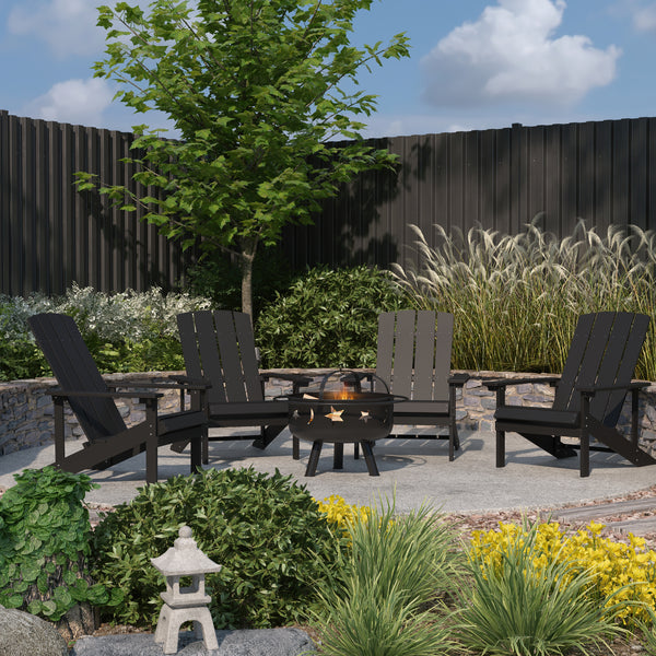 Ayala 5 Piece Outdoor Leisure Set with Set of 4 Slate Gray Poly Resin Adirondack Chairs and Star and Moon Iron Fire Pit