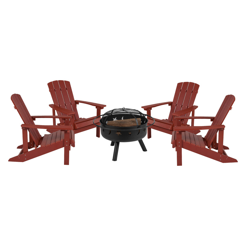 Ayala 5 Piece Outdoor Leisure Set with Set of 4 Red Poly Resin Adirondack Chairs and Star and Moon Iron Fire Pit