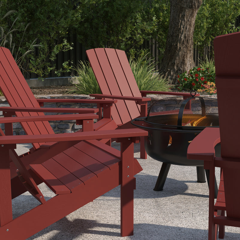Ayala 5 Piece Outdoor Leisure Set with Set of 4 Red Poly Resin Adirondack Chairs and Star and Moon Iron Fire Pit