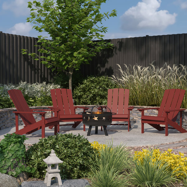 Ayala 5 Piece Outdoor Leisure Set with Set of 4 Red Poly Resin Adirondack Chairs and Star and Moon Iron Fire Pit