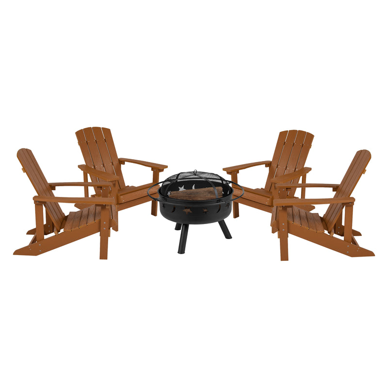 Ayala 5 Piece Outdoor Leisure Set with Set of 4 Teak Poly Resin Adirondack Chairs and Star and Moon Iron Fire Pit