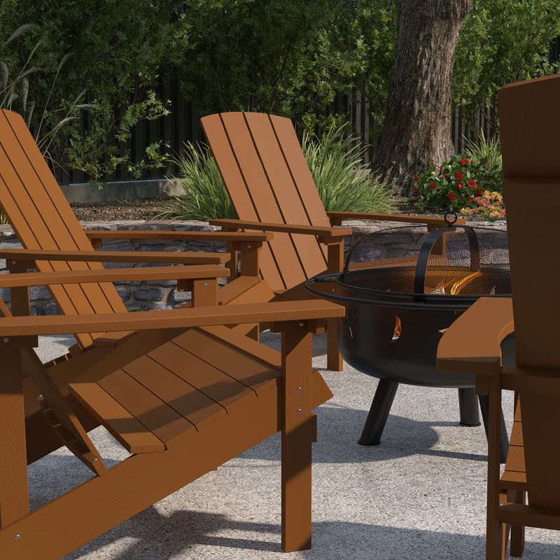 Ayala 5 Piece Outdoor Leisure Set with Set of 4 Teak Poly Resin Adirondack Chairs and Star and Moon Iron Fire Pit