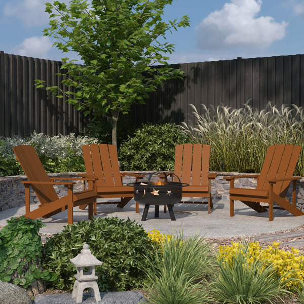 Ayala 5 Piece Outdoor Leisure Set with Set of 4 Teak Poly Resin Adirondack Chairs and Star and Moon Iron Fire Pit