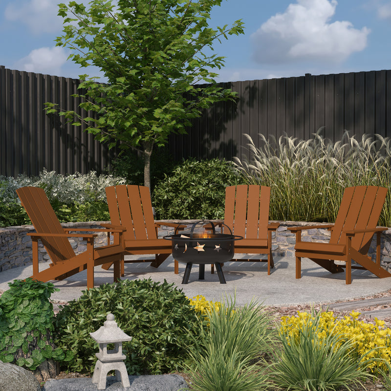Ayala 5 Piece Outdoor Leisure Set with Set of 4 Teak Poly Resin Adirondack Chairs and Star and Moon Iron Fire Pit
