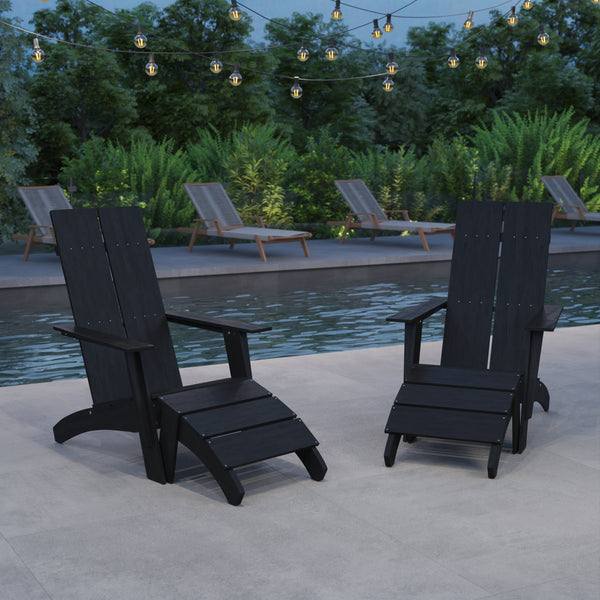 Set of 2 Piedmont Adirondack Slatted Back Patio Chairs With Accompanying Foot Ottomans