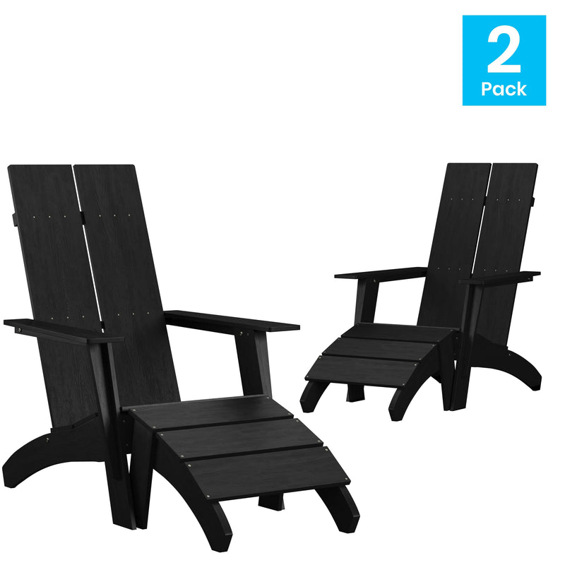 Set of 2 Piedmont Adirondack Slatted Back Patio Chairs With Accompanying Foot Ottomans