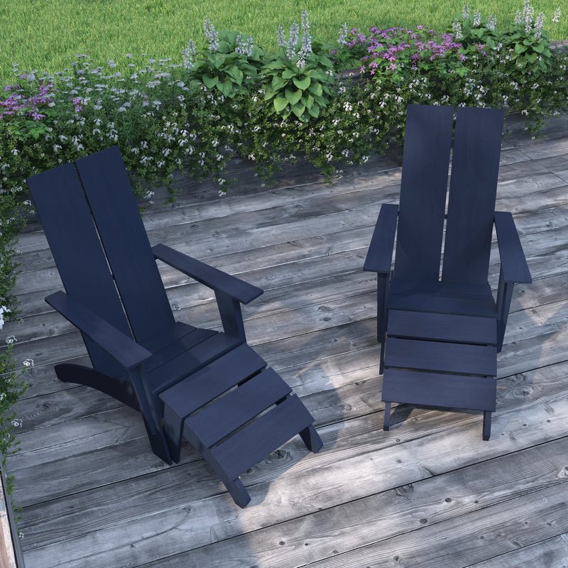 Set of 2 Piedmont Adirondack Slatted Back Patio Chairs With Accompanying Foot Ottomans