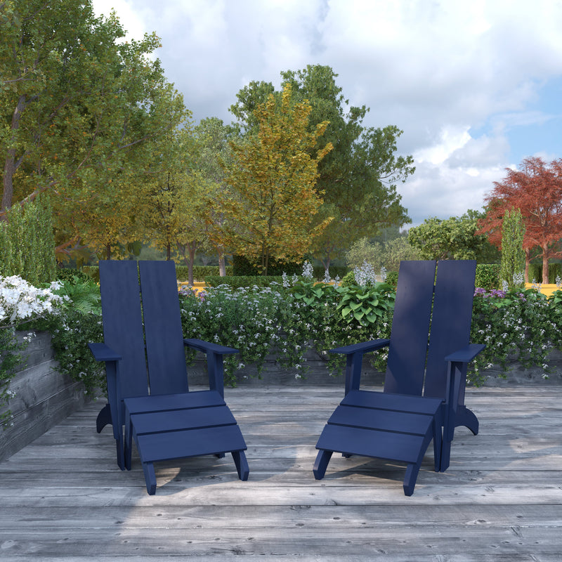 Set of 2 Piedmont Adirondack Slatted Back Patio Chairs With Accompanying Foot Ottomans