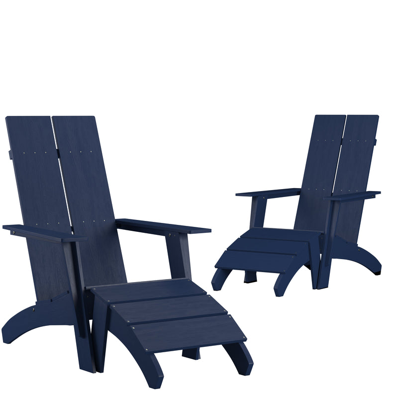 Set of 2 Piedmont Adirondack Slatted Back Patio Chairs With Accompanying Foot Ottomans